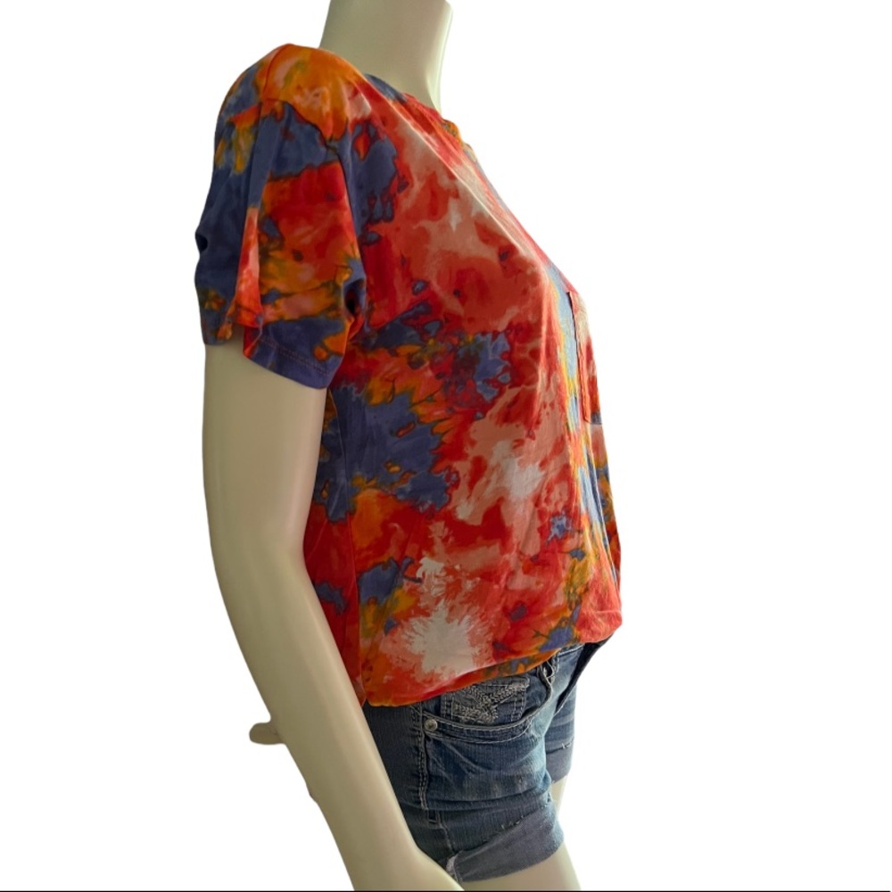 Ambiance | Women’s Shirt Blue - Red -  Orange Tie Dye Chest Pocket Basic Shirt - Picture 7 of 16